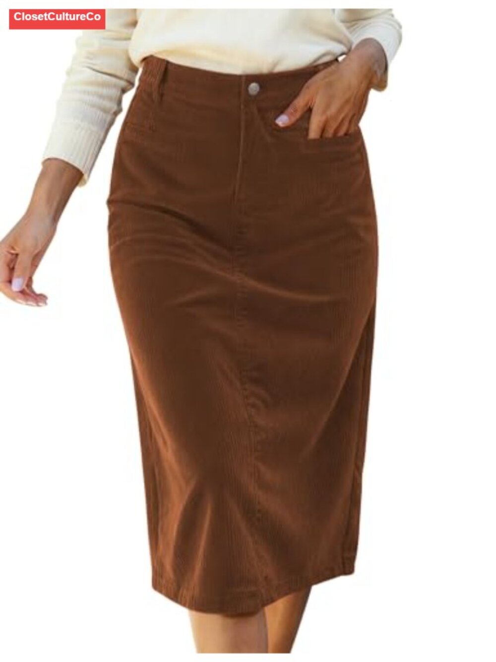 High Waist Corduroy Midi Pencil Skirt with Pockets Stretchy Casual